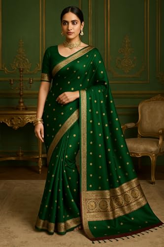 Image of Women's Glory Womens Kanjivaram Banarasi Silk Saree Blend Woven Zari with Jacquard Woven Unstitched Blouse Piece. (Pista Green)