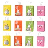 Baluue 12 Stück Ostertüten aus Kraftpapier mit Griff Kleine Geschenktüten für Süßigkeiten Kekse Snacks Kreative Papiertüten mit Osterdesign für Partys