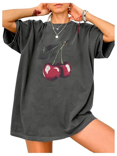 Women's Cherry Graphic Tees Top Crewneck Short Sleeve Baggy T Shirt