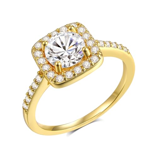 MDFUN Halo Ring 18K Yellow Gold Plated Cubic Zirconia Promise Engagement Promise Eternity Ring for Women Size 5-10