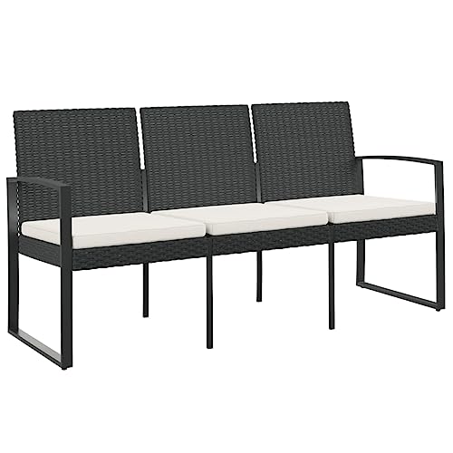 vidaXL Gartenbank, Sitzbank 3-Sitzer mit Kissen, Bank mit Armlehnen Rückenlehne, Gartenmöbel Parkbank Stahlrahmen, Schwarz PP-Rattan