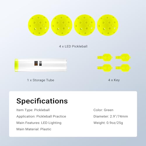NEEWER LED Pickleball Set, 4er Pack, leuchtende Pickleball Bälle für Dunkelheit mit Aufbewahrungsröhre für nächtliches Pickle Ball Training und Übungen im Freien, PB02
