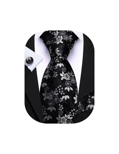 Barry.Wang Black Tie for Men Floral Silk Necktie Pocket Square Cufflinks Set Formal Business Wedding Party Prom