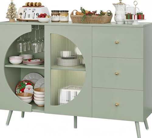 FACBOTALL Coffee Bar Cabinet with Fluted Glass Door, Modern Cream Style Buffet Sideboard with Wine...