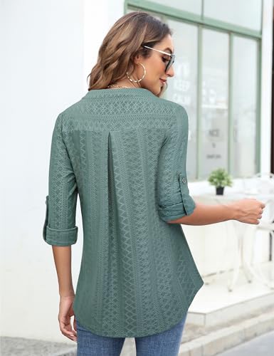 Image of Bulotus 3 /4 Length Sleeve Womens Striped Tops Zipper V Neck Collared Blouses Business Casual Tunics 2026 Spring Trendy