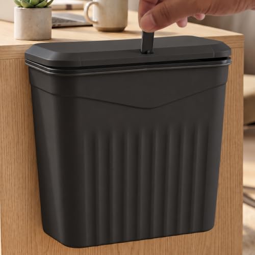 Image of TEX-RO Hanging Dustbin for Kitchen with Lid, 9L Wall Mounted Dustbin for Home with 2-Way Lid Opening, No-Drill Cabinet Door Hanging Trash Can, Plastic Waste Bin for Bathroom Bedroom Office (Black)