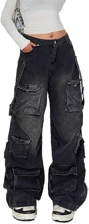 Women's Cargo Pants Low Waist Baggy Jeans Pocket Wide Leg Casual Trendy Streetwear Grunge Emo Clothes