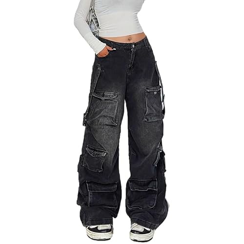 Women's Cargo Pants Low Waist Baggy Jeans Y2K Pocket Wide Leg Casual Trendy Streetwear Grunge Emo Clothes