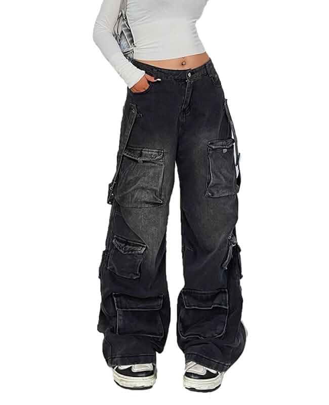 Cargo Jeans for Women Low Waist Baggy Pants Y2k Baggy Jeans Y2k,Multiple Pockets,Vintage Grunge Streetwear,Black Cargo Pants,Wide Leg,Goth Emo Clothes