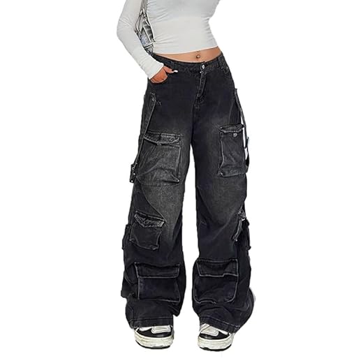 Lafaguw Women's Cargo Pants Low Waist Baggy Jeans Pocket Wide Leg Casual Trendy Streetwear Grunge Emo Clothes(Black1-XS)