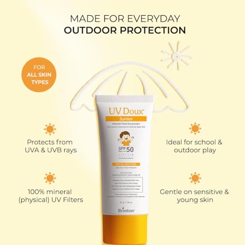 Image of Brinton UV Doux Junior Mineral Fluid Sunscreen SPF 50 for Babies & Kids | 100% Mineral Zinc Oxide | Chemical Filter Free | Fragrance Free | No White Cast | DermatologicallyTested | 50 g x 3