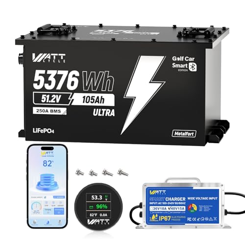 Image of WattCycle 48V 105Ah LiFePO4 Golf Cart Battery with 15A Charger, 48V Lithium Battery 250A Smart BMS, IP65 Waterproof Metal Case, 15000+ Cycle Life, Built-in Bluetooth, Ideal for RV, Solar Systems