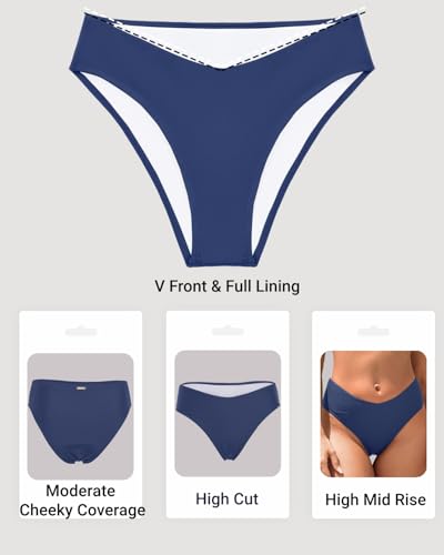 Image of Zmart Women V Cut Cheeky Bikini Bottoms - Mid Waist High Cut Swim Bathing Suit Bottoms V Front Swimsuit
