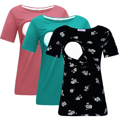 Image of Bearsland Women's 3 Packs Maternity Nursing Tops Short Sleeve Breastfeeding Shirts