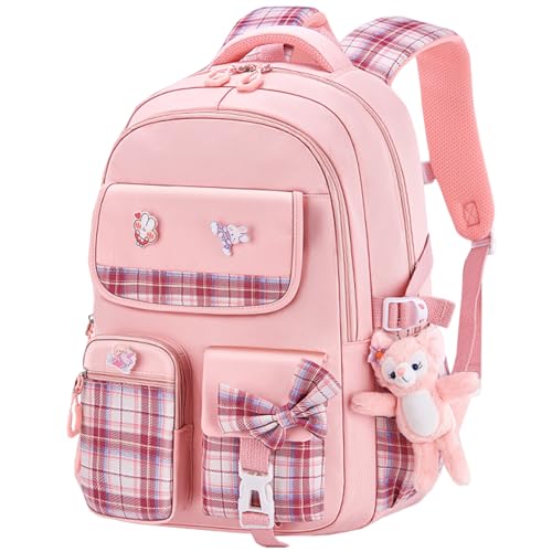 Qiccijoo Kids School Backpack for Boys and Girls Teens Elementary Backpack Large Toddler Bookbags Simple Modern Kindergarten Book Bag Lightweight Waterproof Cute Bag for ChildPink