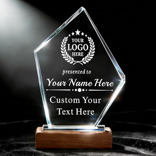 Image of Custom Crystal Award Trophy, Personalized Trophy with Company Logo & Text