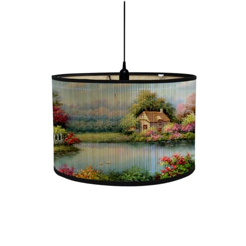 FANSU Vintage Bamboo Lamp Shades for Table Lamps, Round Drum Light Shade Woodsy Decor Pendant Lampshades,Pattern Chandelier Lamp Covers Ceiling Lampshade (30 * 20cm,Garden)