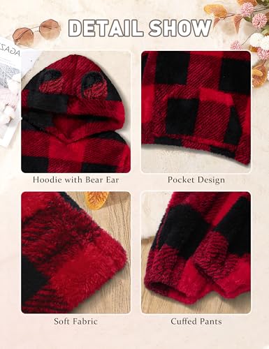 Image of Shallmu Girls Fuzzy Bear Ear Plaid Hoodie Pullover Sweatshirt with Pocket Sweatpants Fall Winter 2 Piece Outfits