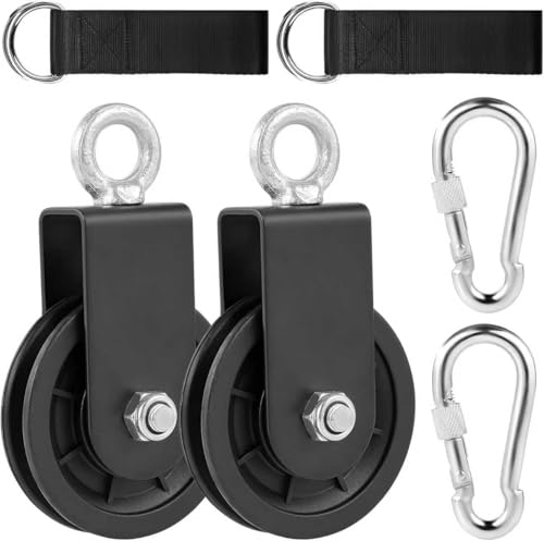 JITIFAZH 90mm Umlenkrolle Seilrolle mit Hängegurt Karabiner, 360° Schwenkbar Kabel Pulley für Schaukelzubehör Wäscheleine Latzugstange Seilzug Fitness DIY Heim-Fitnessgeräte (2Set-Schwarz)