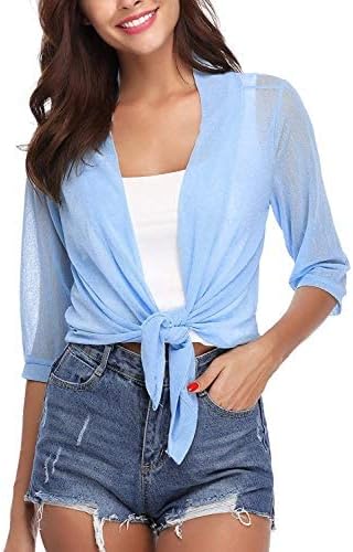 iClosam Womens Sheer Shrug Tie Front 3/4 Sleeve Cropped Bolero Cardigan
