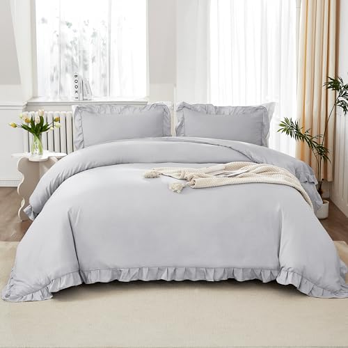 Image of Litanika Light Grey Full Size Comforter Sets, 3 Pieces Ruffle Farmhouse Aesthetic Bedding Comforter Sets, All Season Soft Lightweight Fluffy Microfiber Bed Set(79x90In Comforter, 2 Pillowcases)