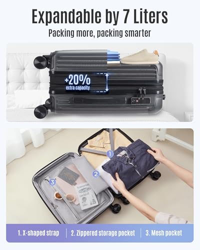 Image of LIGHT FLIGHT Carry On Luggage 22x14x9 Airline Approved, Glacier Gray | 22x14x9 Airline Approved, Hard Shell with Wheels, Expandable Hardside, TSA Lock, Lightweight