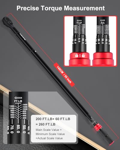 Image of 1 Inch Torque Wrench 200-1400 FT-Lb - 24-Tooth Reversible Ratchet, ±3% Accuracy, Cr-V Steel, Dual Scale (Ft-Lb /Nm), 55 inch Length Heavy Duty Torque Wrench for Trucks, Trailers & Heavy Equipment