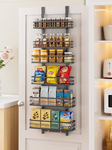 Delamu Over the Door Pantry Organizer, 6 Tier Pantry Door Organizer with Adjustable Basket, Door Spice Rack Seasoning Organizer, Metal Hanging Pantry Organizers and Storage for Kitchen,15.3