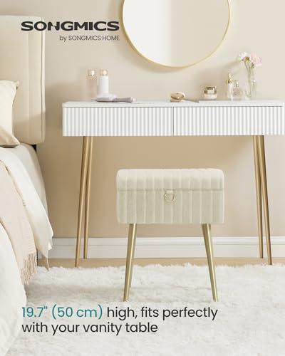 Image of SONGMICS Vanity Stool Chair Faux Fur with Storage, Vanity Bench, Metal Legs, Adjustable Feet, for Living Room, Bedroom, Makeup Room, Cappuccino Beige ULOM505LZ02