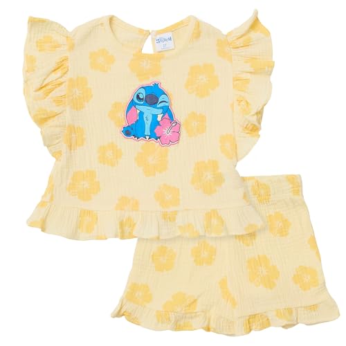 Disney Lilo Stitch Outfit Girls Cotton Gauze 2-Piece Ruffle Tee Sleeve Shorts Set Toddler Little-Kid (Yellow 3T)