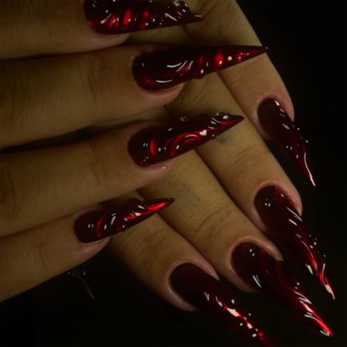 SINHOT Stiletto Press on Nails - Long Fake Nails with Goth Red Cat Eye, Acrylic 3D Swirl Gothic Vampire Design 24 pcs