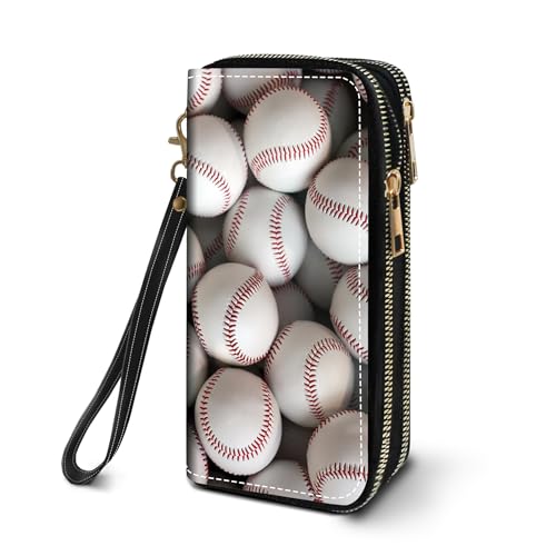 FVAENDHIO Women's Large Capacity Wallet PU Leather Double Zipper Clutch Purse Multifunctional Wallet with Removable Wristlet Strap for Smart Phone/Coin/Card/Cash, Baseballs