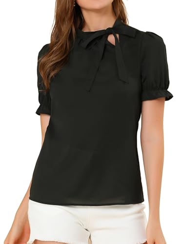 Allegra K Women's Bow Tie Neck Tops Elegant Office Short Sleeve