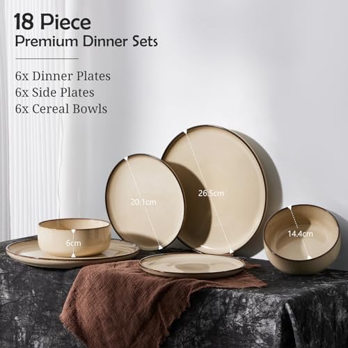 Homikit 18 Piece Dinner Set, Kitchen Stoneware Dinnerware Sets for 6 People, Included 6X Dinner Plates, 6X Side Plates and 6X Bowls, Non-Scratch, Dishwasher & Microwave Safe, Desert Khaki - Image 3