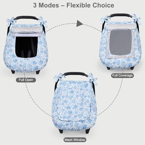 Image of FIOBEE Baby Car Seat Cover, Car Seat Covers for Babies Infant Car Seat Canopy with Breathable Mesh Window Waterproof Carseat Cover for Babies Boy Girl 4 Seasons, Ice Blue Floral