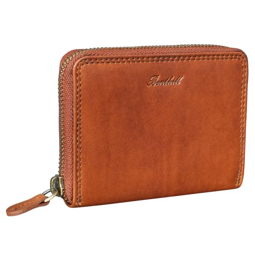 Benthill Geldbörse Damen Klein Echt Leder | Geldbeutel mit RFID Schutz | Flaches Slim Portemonnaie mit Reißverschluss & 6 Kartenfächer, Farbe:Braun