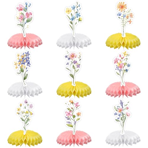 9 PCS Floral Honeycomb Centerpieces Spring Flower Theme Table Centerpiece 3D Wildflower Birthday Table Decorations for Spring Floral Theme Girls Baby Shower Wedding Birthday Party Decoration