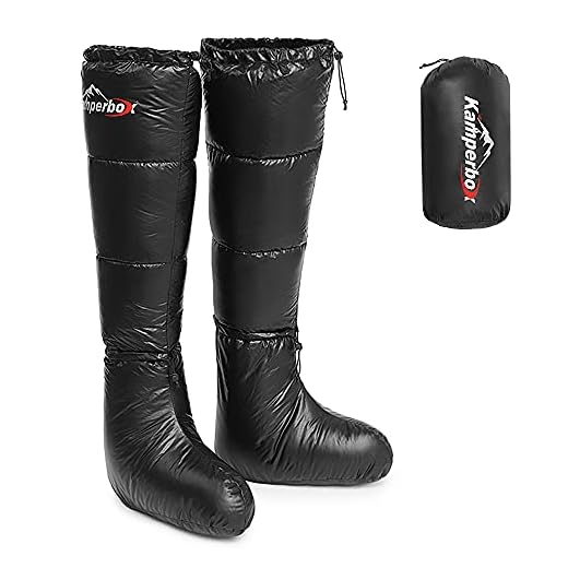 Doorslay Winter Down Booties Socks Warm Soft Windproof Long Sleeping Slippers with Adjustable Drawstring for Camping Backpacking Sleeping Bag Tent Men Women Unisex Down Filled Boots with Storage Bag