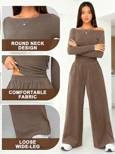 Miniatura 4 de 2 Piezas Para Mujer 2025 Otoño Vestidos Manga Larga Pierna Ancha Conjunto De Mono De Salón Conjunto Coordinado, Marrón, Xl
