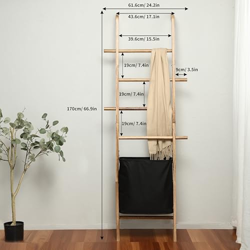 67-Inch Farmhouse Blanket Ladder with Basket, Rustic Wooden Display Ladder for Throws, Blankets, Quilts & Towels, Sturdy Wall Leaning Decorative Storage Rack for Bedroom, Living Room and Bathroom