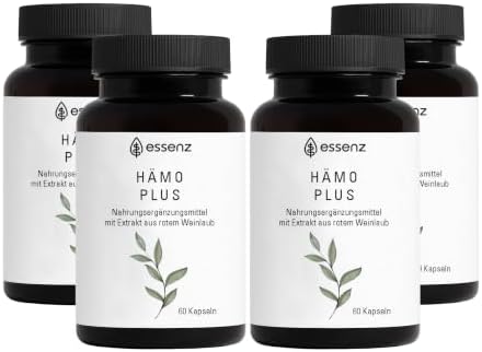 ESSENZ Hämo Plus Kapseln – Nahrungsergänzungsmittel mit rotem Weinlaub-, Hamamelis- und Traubenkern-Extrakt – vegan, 4 x 60 Kapseln