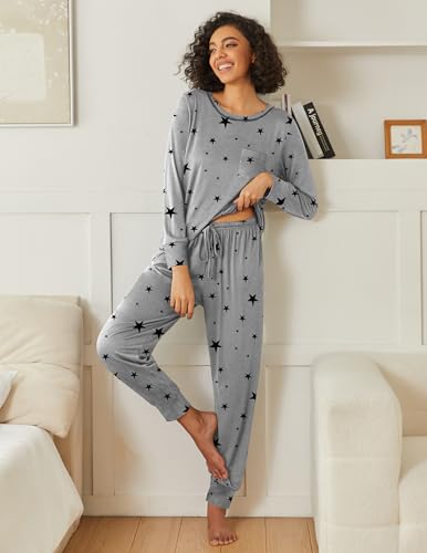 Image of Ekouaer 2 Pack Womens Pajama Sets Long Sleeve Lounge Sets Soft Pj Sleepwear Loungewear