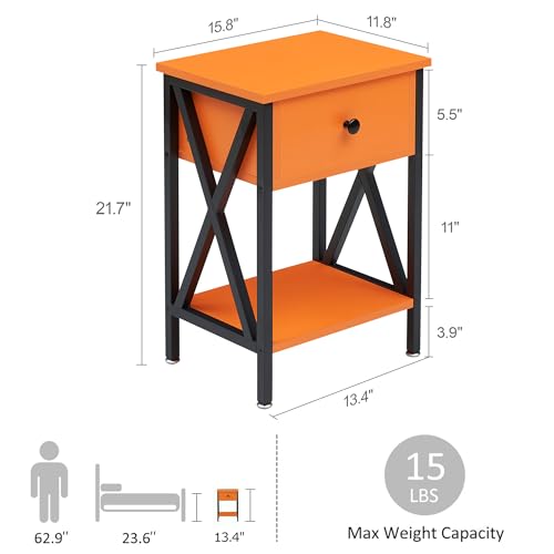 Image of VECELO Nightstands, Modern Bedside End Tables Set of 2, Night Stand with Drawer and Storage Shelf for Living Room Bedroom, Industrial Metal Frame