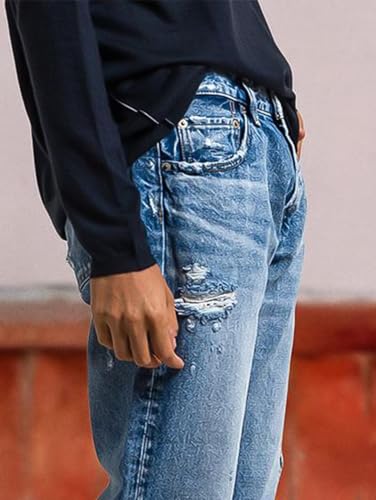 Flamingals Straight Leg Mid Rise Ripped Wash Raw Hem Casual Denim Bootcut Barrel Pants2