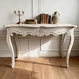 Royard Oaktree Distressed Console Table, 44' Decorative Foyer Table, Vintage French Country Entry Table with Wood Carvings and Curved Legs, Weathered Wash White Sofa Table for Hallway Living Room
