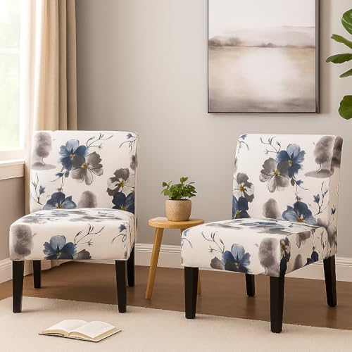 Christopher Knight Home Kendal Set of 2 Fabric Upholstered Club Chair, Floral Print Modern Armless Accent Chair for Living Room, Comfy Slipper Chair for Bedroom Home Office, Blue+White
