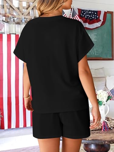 Image of VILOVE 4th of July 2 Piece Sequin Outfits Women 250 Anniversary Usa Shirts and Short Sets Casual Patriotic Shirt Summer Set