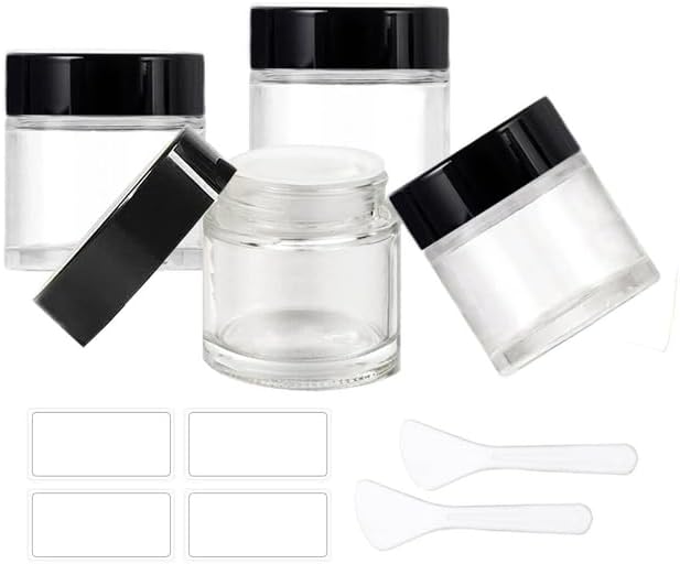 BEGIKET Frasco Redondo de Vidro Transparente para Cosméticos com Tampa Preta, 4 Unidades de 60 mL