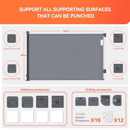 Muaket Treppenschutzgitter/Türschutzgitter Ausziehbare 0-140CM, Treppengitter für Babys und Haustiere Kinderschutzgitter, Einhändiges Öffnen, Kindergitter babygitter tür für Treppen, Türen, Grau