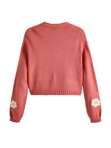 Image of MakeMeChic Women's 3D Floral Cardigan Sweaters Open Front Cropped Cute Cardigan Lantern Sleeve Outerwear Watermelon Pink Medium